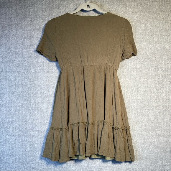 Altar’d State Small Women’s Babydoll Tiered Mini Dress Front Tie Olive Green - Picture 6 of 6